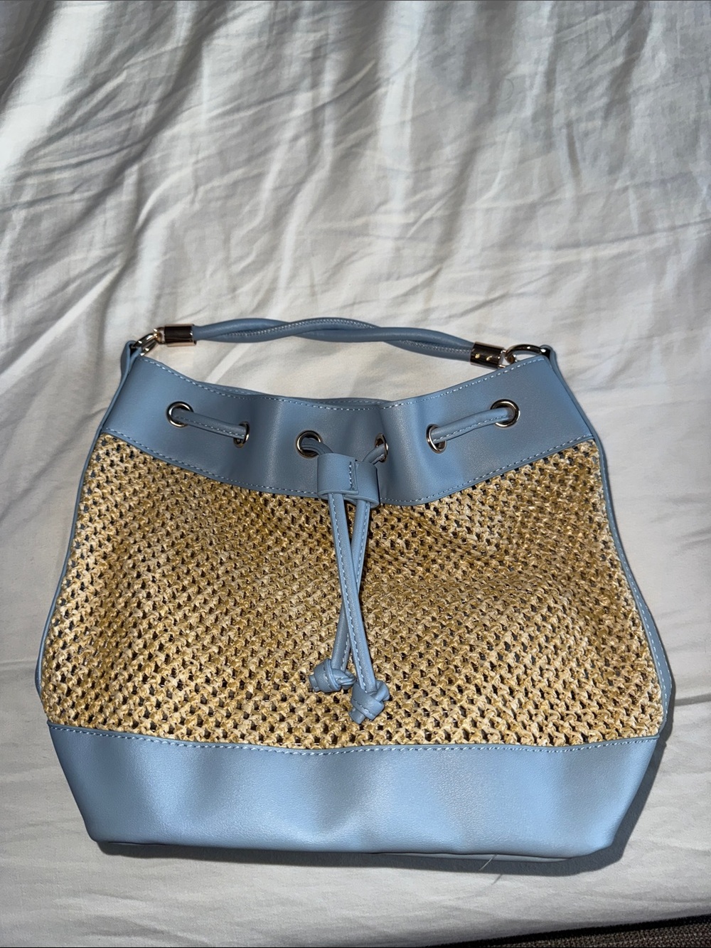Saks Fifth Avenue Light Blue Straw-Panel Drawstring Bucket bag